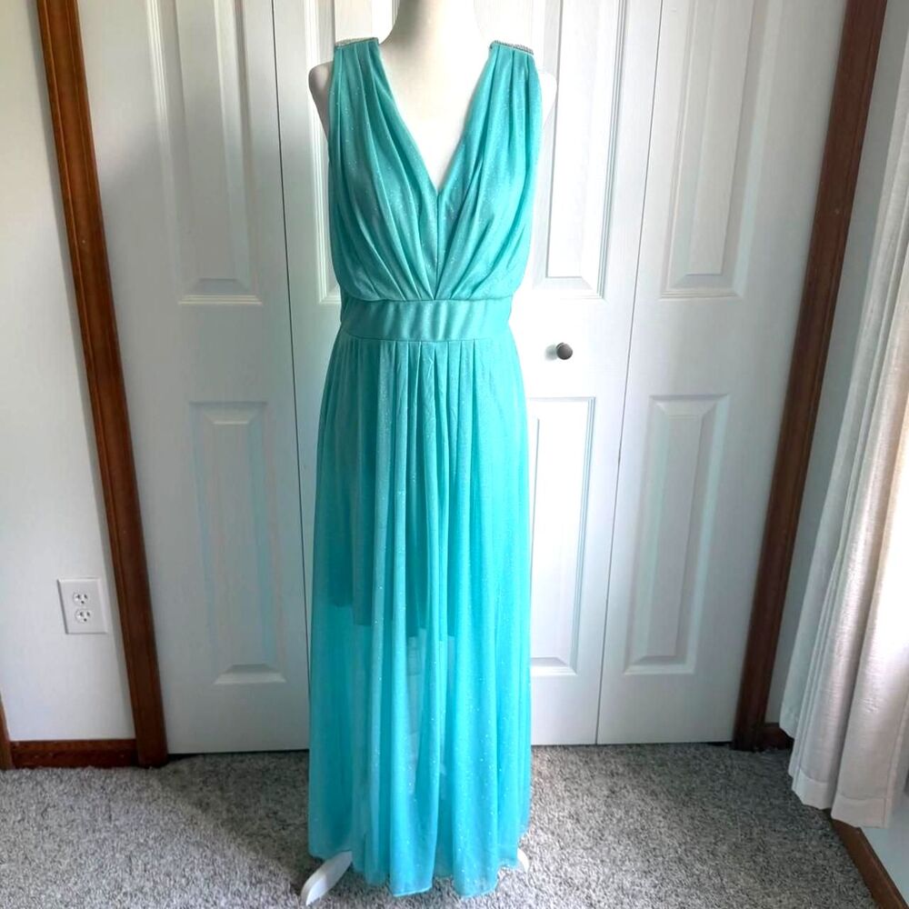 Vintage Y2K blue sparkly maxi dress w rhinestones size 12